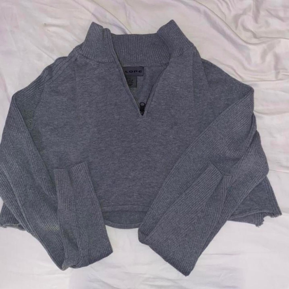 Vintage Cropped Collared Quarter Zip Oversized Long Sleeve Gray Pullover Sweater